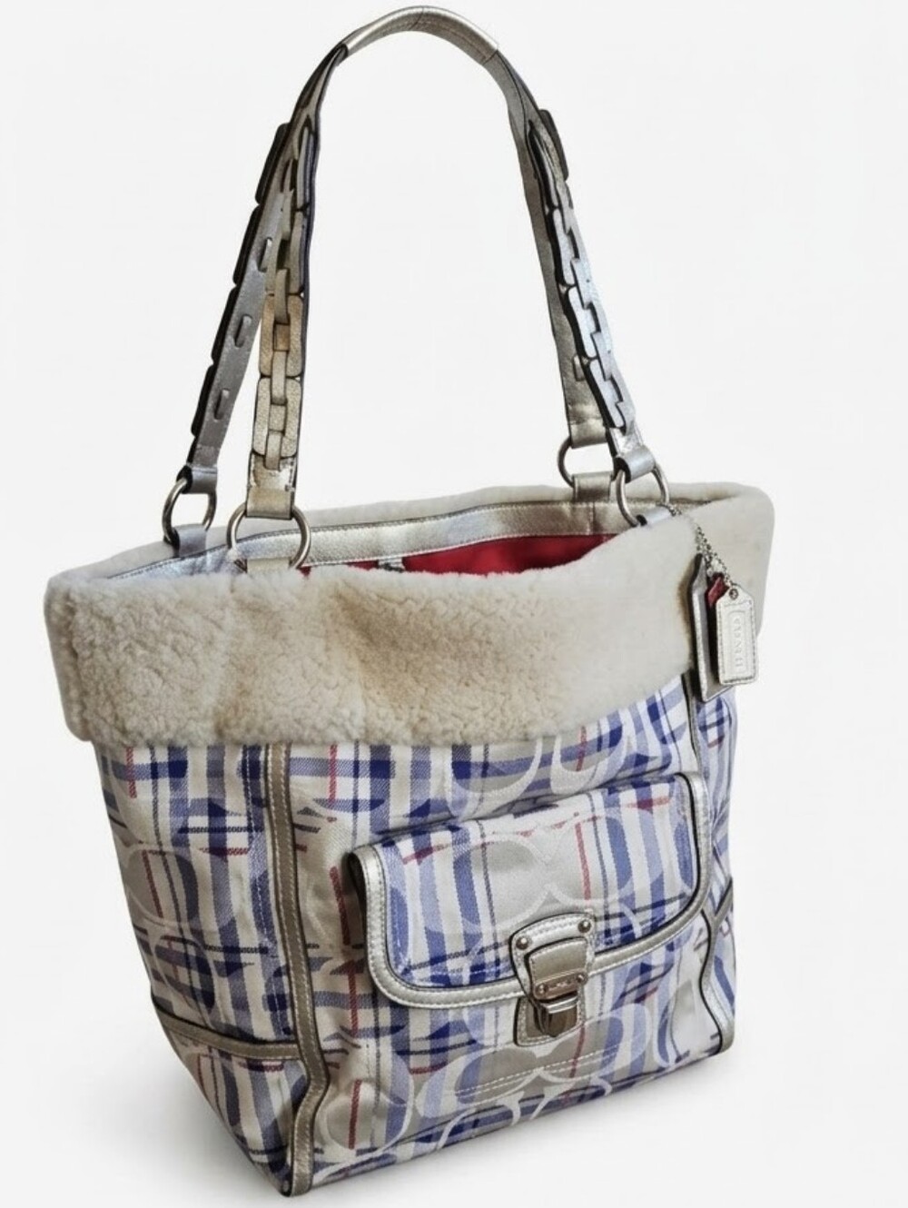Coach NWT Poppy Tartan Plaid Shearling Heritage Tote 21661 Metallic Silver